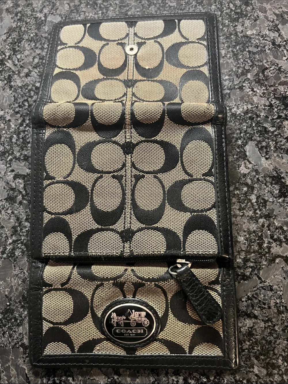 Coach Signature Canvas Trifold Wallet in Black and Beige